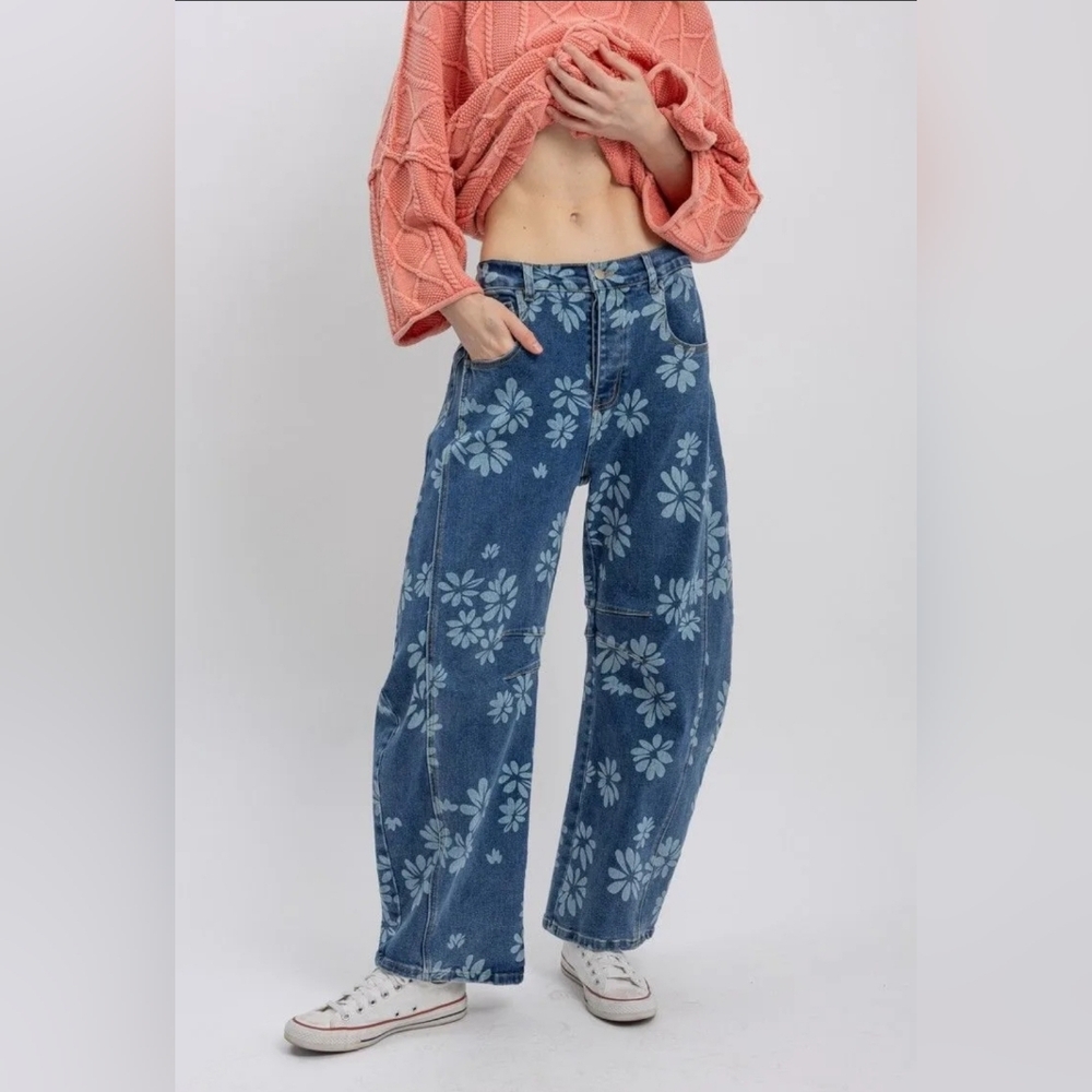 Floral Blue Wide Leg Jeans